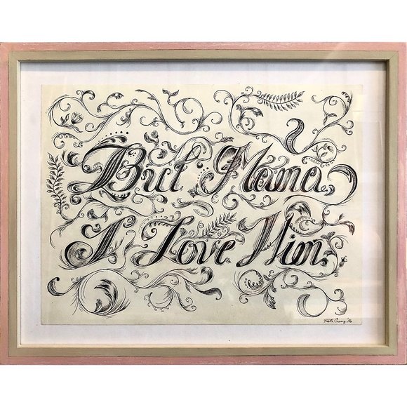 ORIGINAL FRAMED ART Tattoo Type Ink Retro Drawing in Hand Painted Pink Frame - Picture 2 of 11